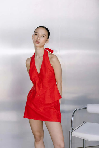 BISK THE LABEL RUE RED LINEN BLEND HALTER VEST - STUDIO JO STORE